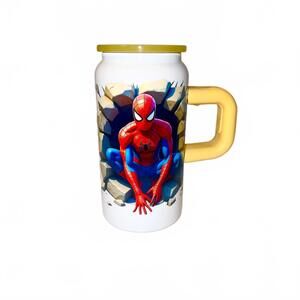 Spider-Man Themed insulated stainless steel tumbler with Yellow Handle and Lid